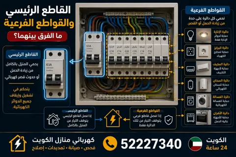 الفرق بين القاطع الرئيسي والقواطع الفرعية في لوحة الكهرباء